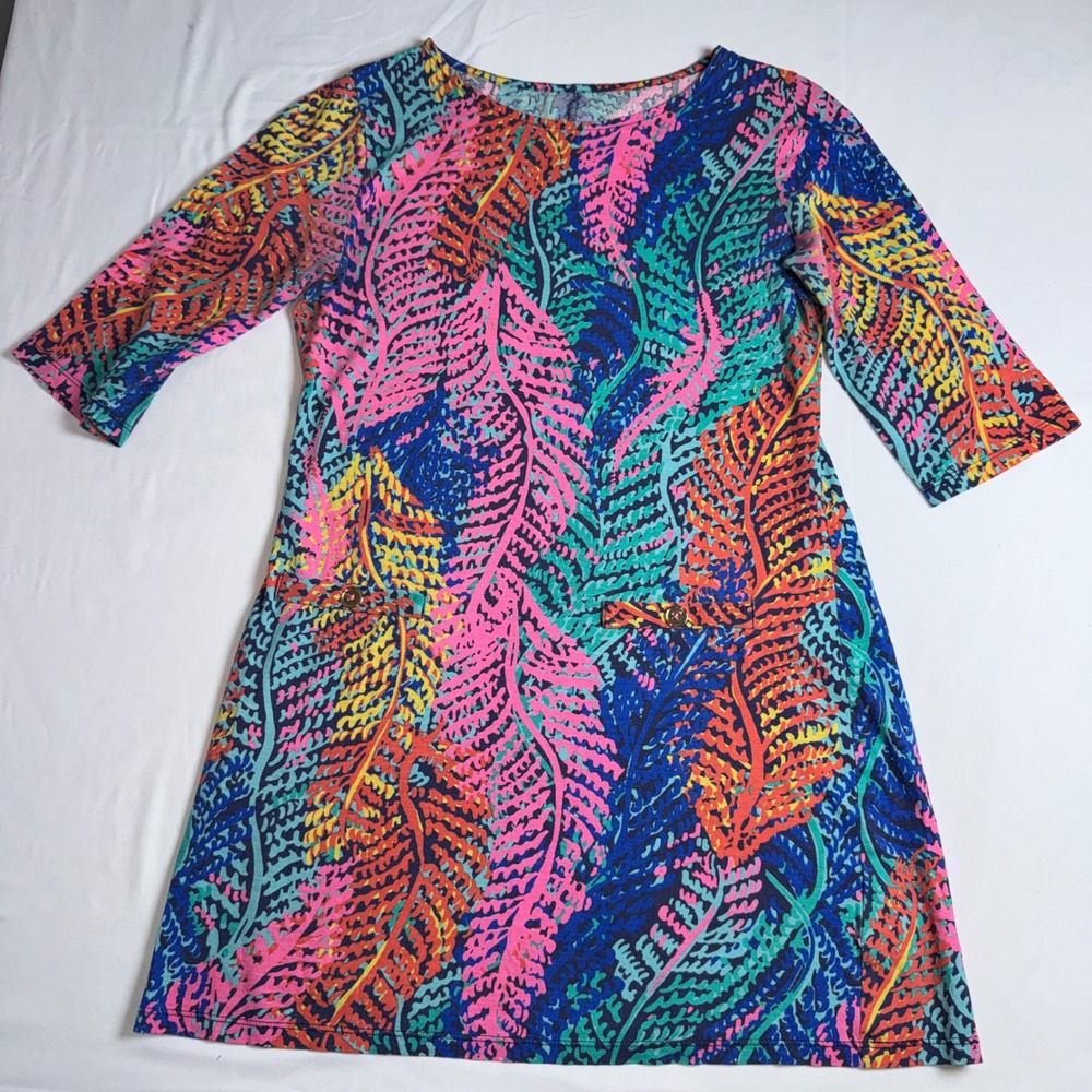 HAS HOLE Lilly Pulitzer Girls Electric Feel Fern Shift Dress XL 12-14 3/4 Sleeve
